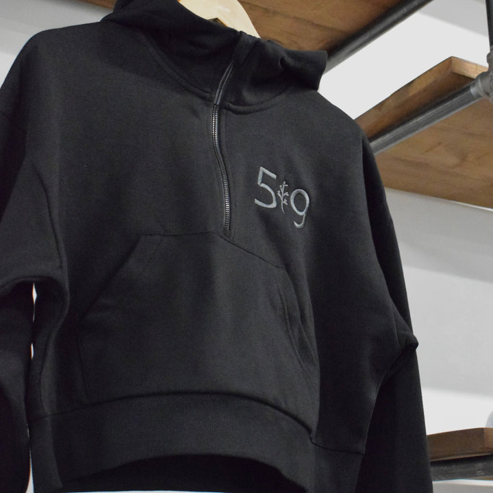 EMBROIDERED CROPPED SCUBA 1/2 ZIP HOODIE (WOMENS)