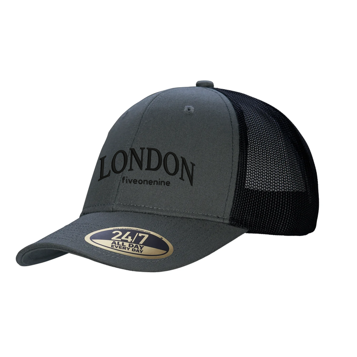 LONDON VARSITY EMBROIDERED TRUCKER CAP
