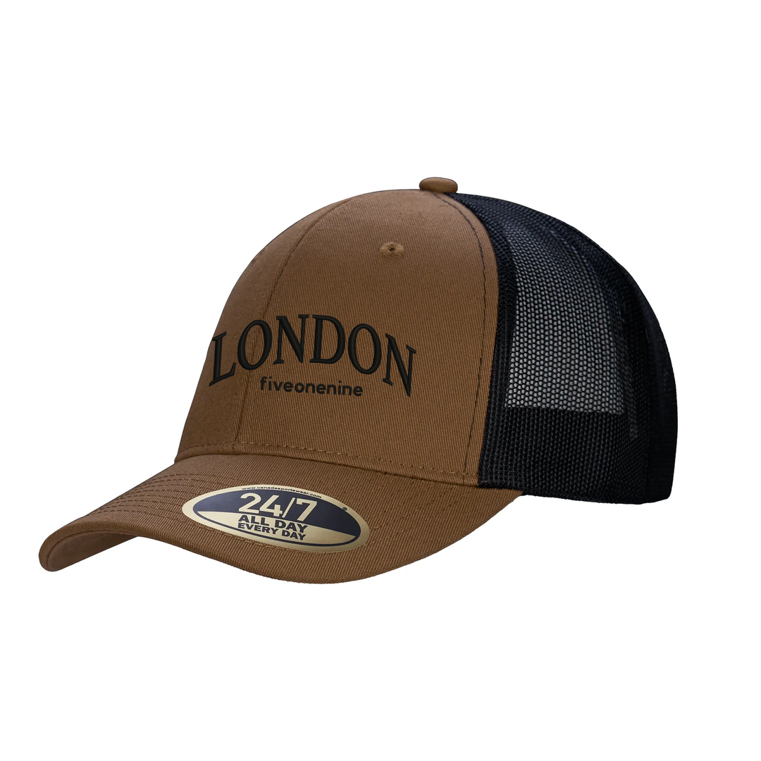 LONDON VARSITY EMBROIDERED TRUCKER CAP