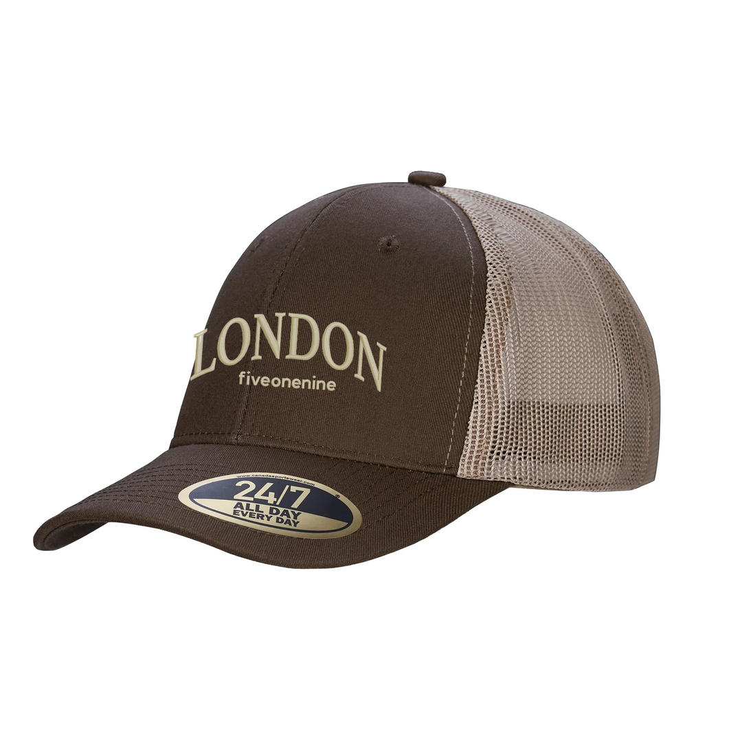 LONDON VARSITY EMBROIDERED TRUCKER CAP