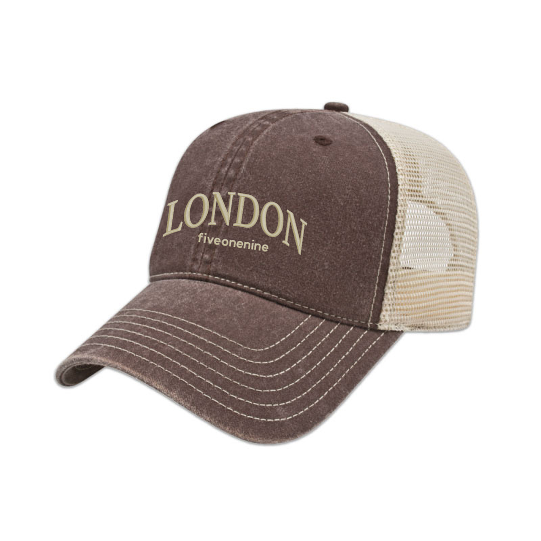 LONDON VARSITY EMBROIDERED VINTAGE TRUCKER CAP