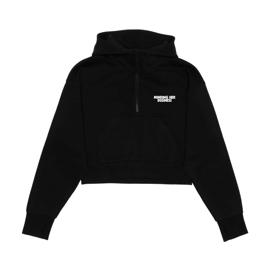 MINDING HER BUSINESS CROPPED SCUBA 1/2 ZIP HOODIE (WOMENS)