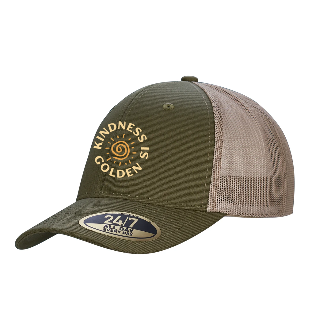 KINDNESS IS GOLDEN EMBROIDERED TRUCKER CAP