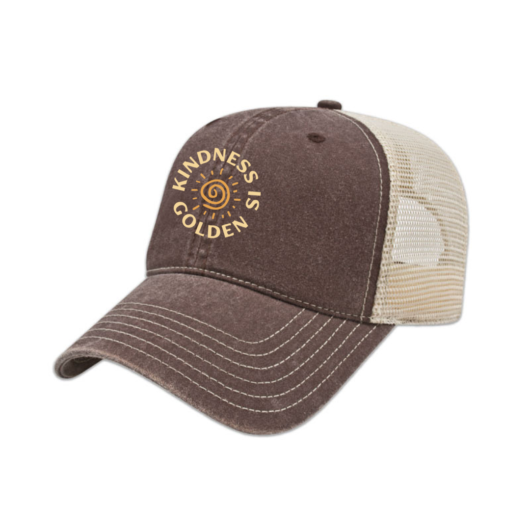 KINDNESS IS GOLDEN EMBROIDERED VINTAGE TRUCKER CAP